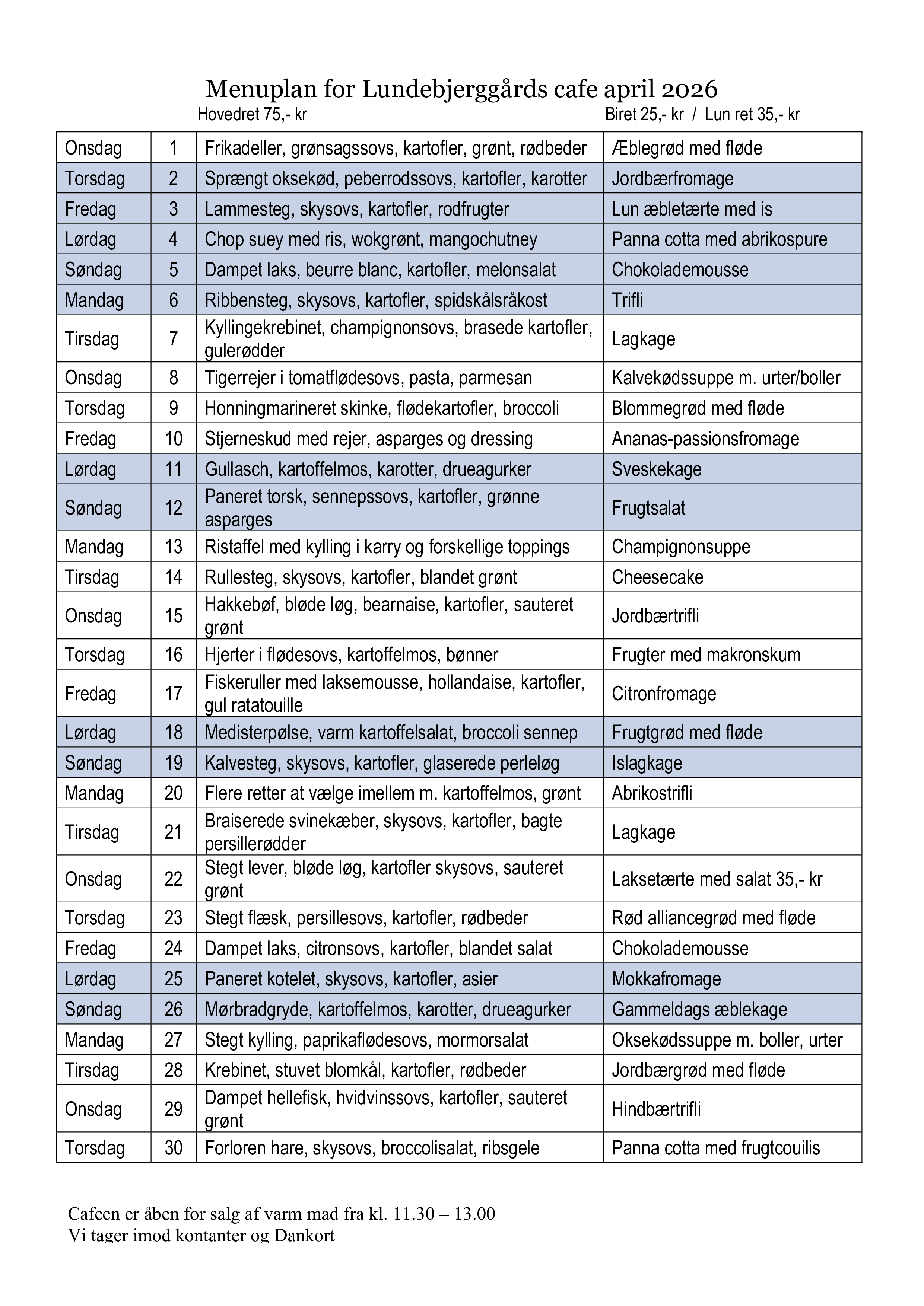 Menu i Cafeen april 206 April menuen